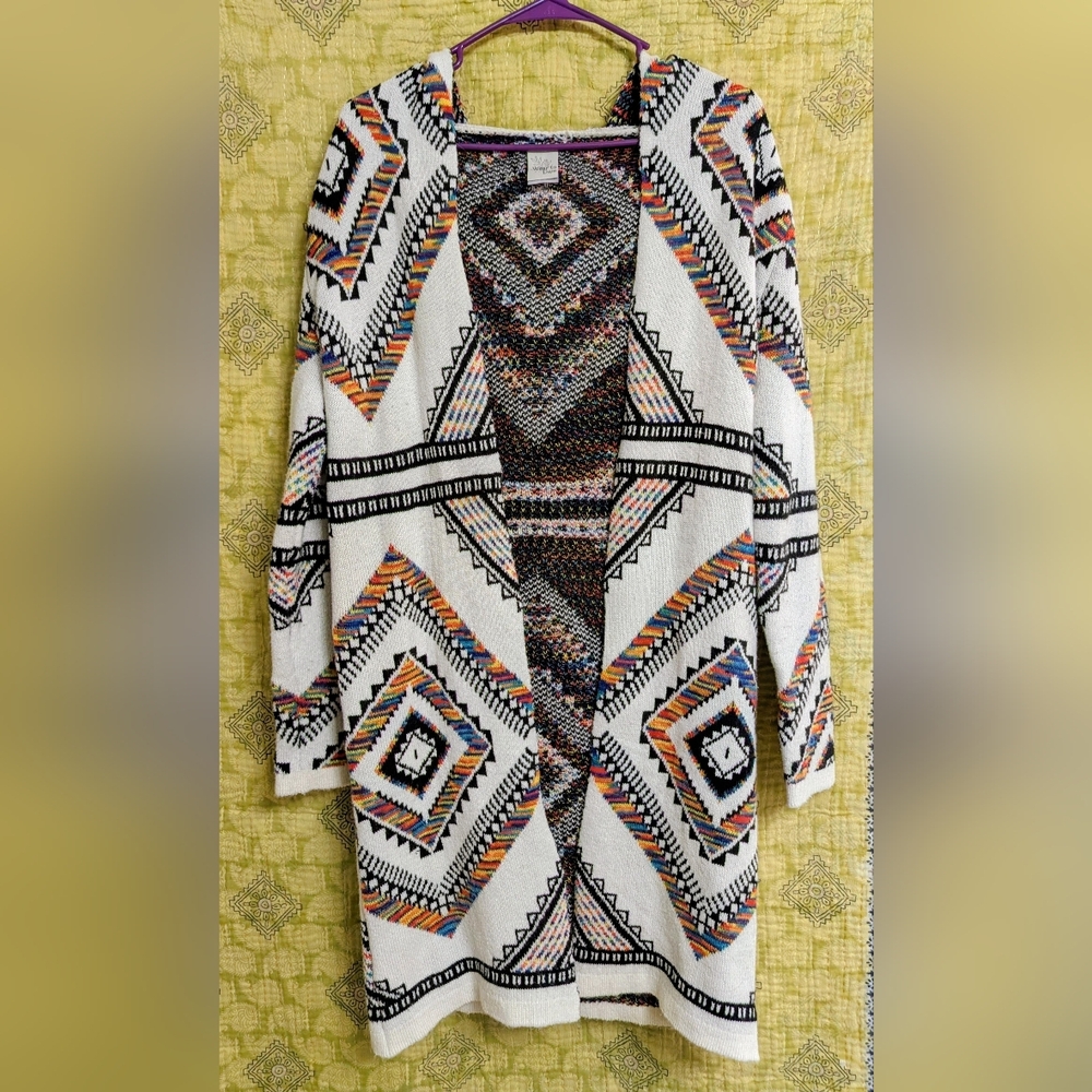 Western Eclectic Grandma Geometric Patterned Cardigan - Multicolor - Hooded
